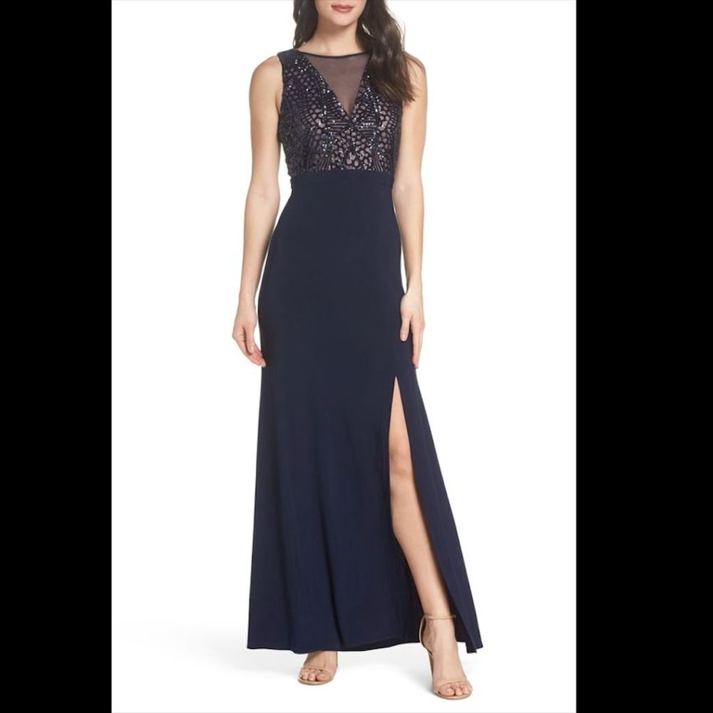 Morgan & Co. Sequin Bodice Illusion Neck Gown - Navy - Size 5/6